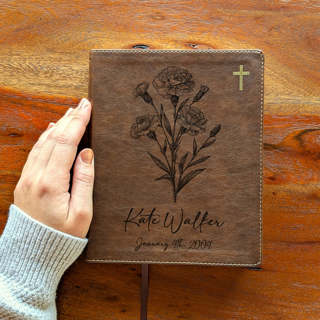 Personalized NIV Journal the Word Bible – Double Column Brown | January Birth Flower