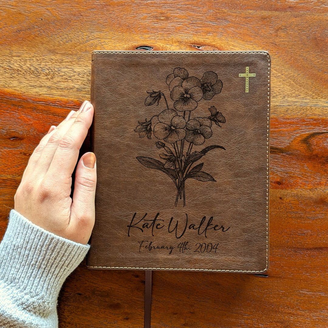 Personalized NIV Journal the Word Bible – Double Column Brown | February Birth Flower