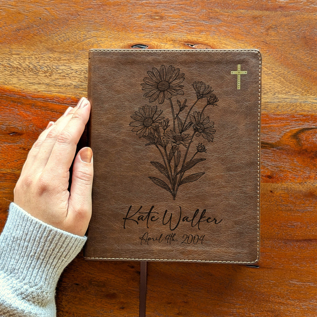 Personalized NIV Journal the Word Bible – Double Column Brown | April Birth Flower