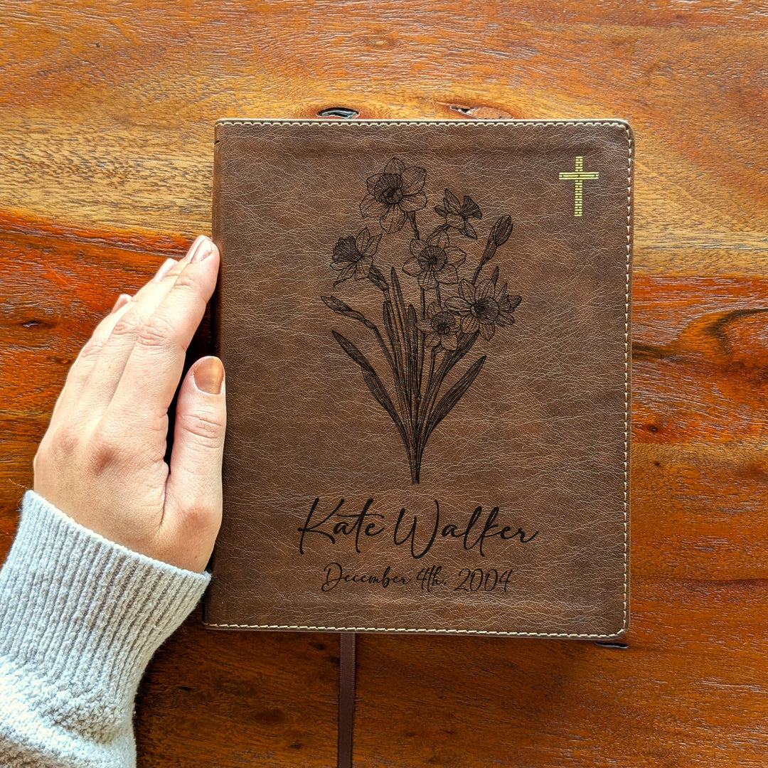 Personalized NIV Journal the Word Bible – Double Column Brown | December Birth Flower