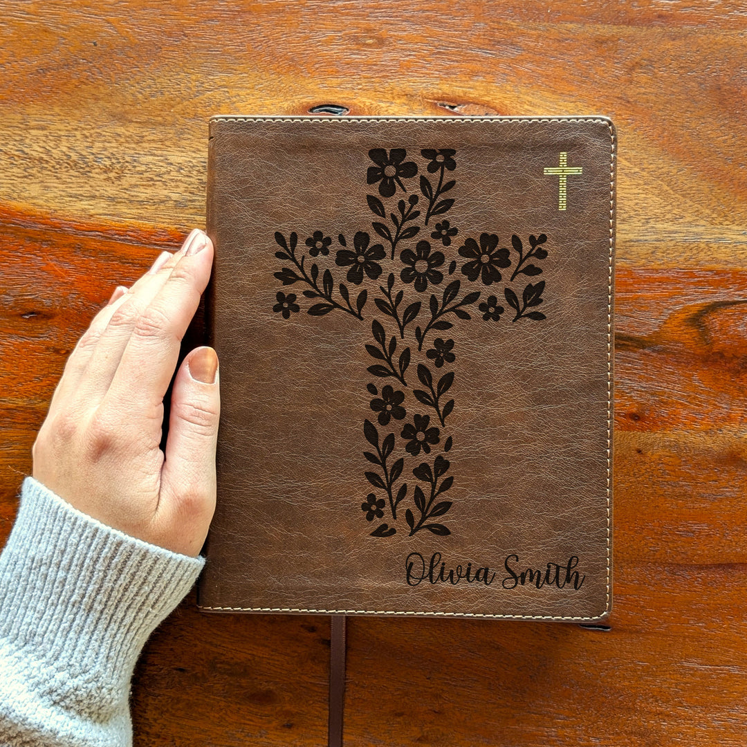 Personalized NIV Journal the Word Bible – Double Column Brown | Simple Flower Cross