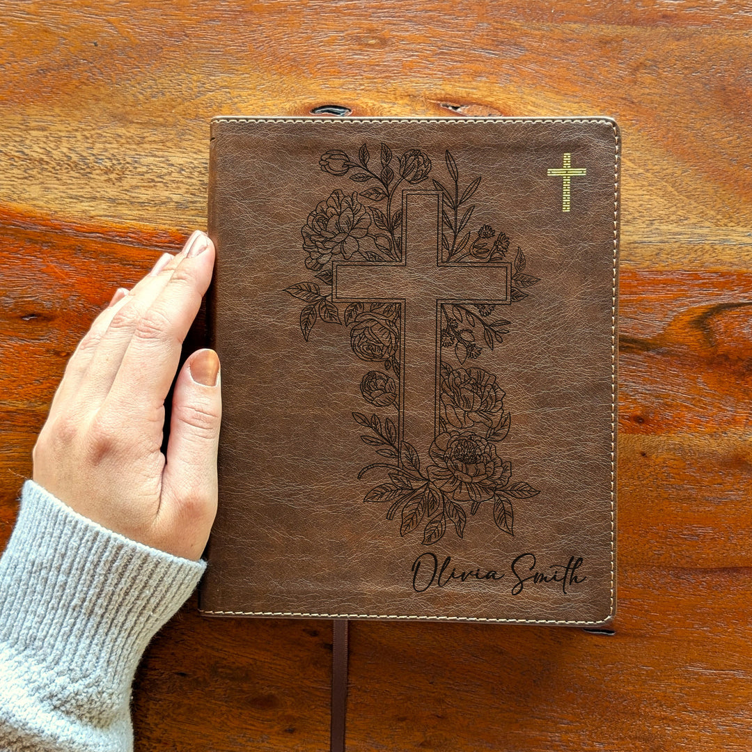 Personalized NIV Journal the Word Bible – Double Column Brown | Floral Cross
