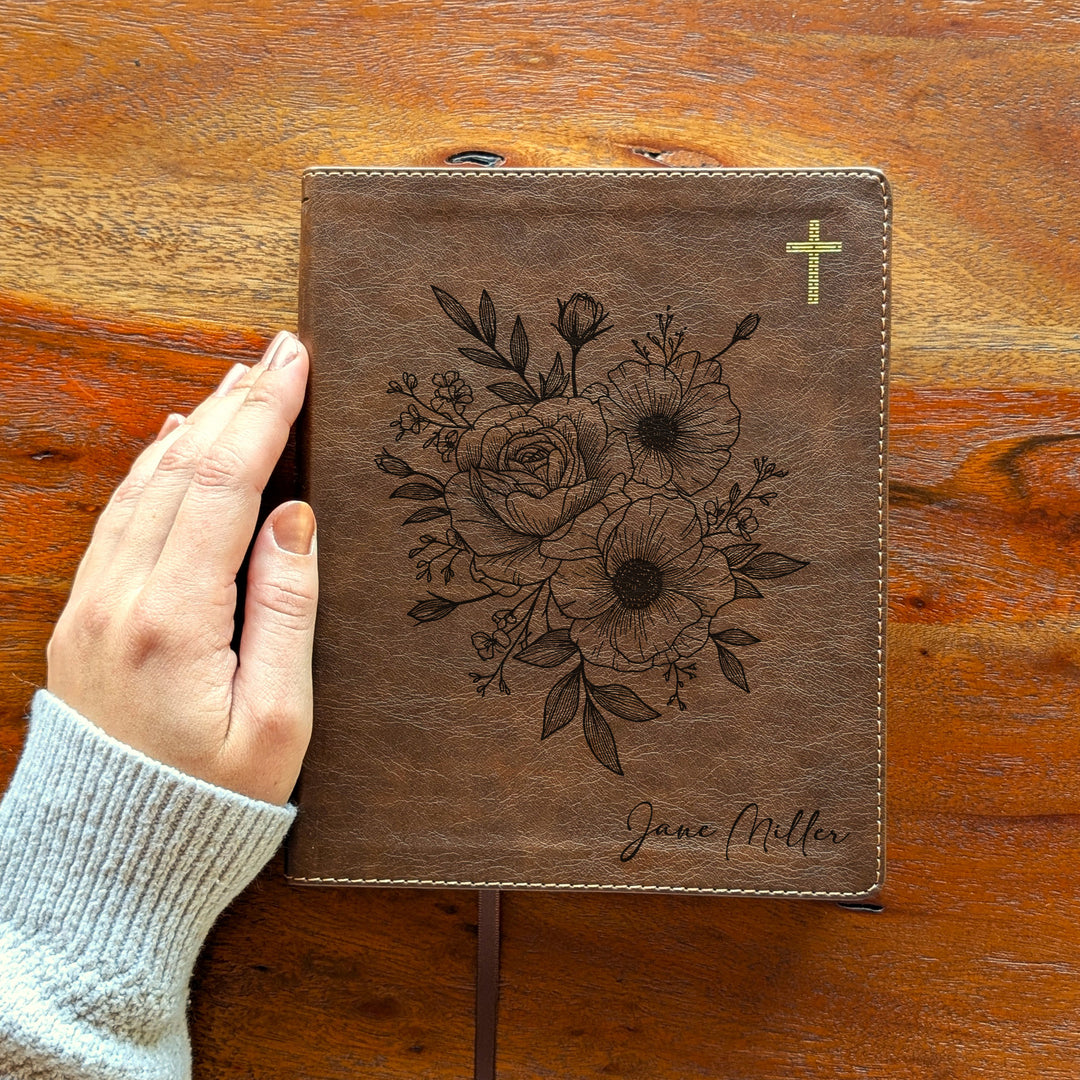 Personalized NIV Journal the Word Bible – Double Column Brown | Rose Poppy Flower Bunch