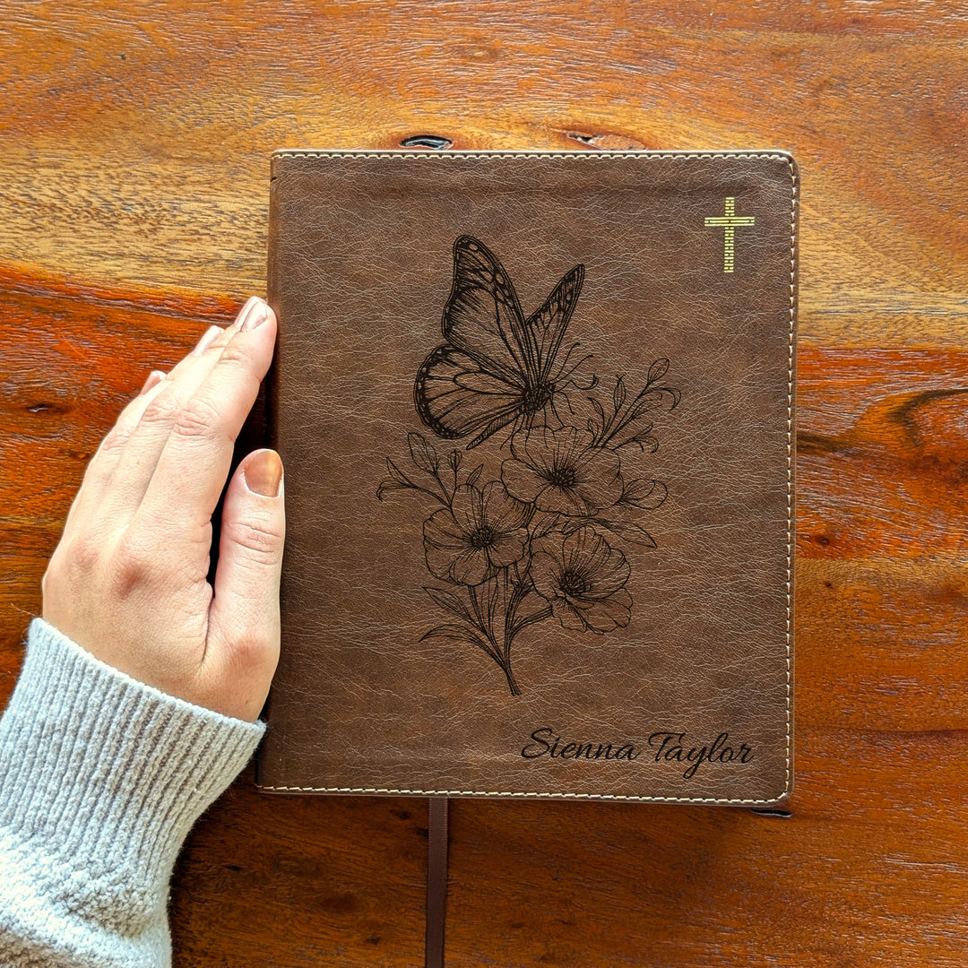 Personalized NIV Journal the Word Bible – Double Column Brown | Butterfly Flowers