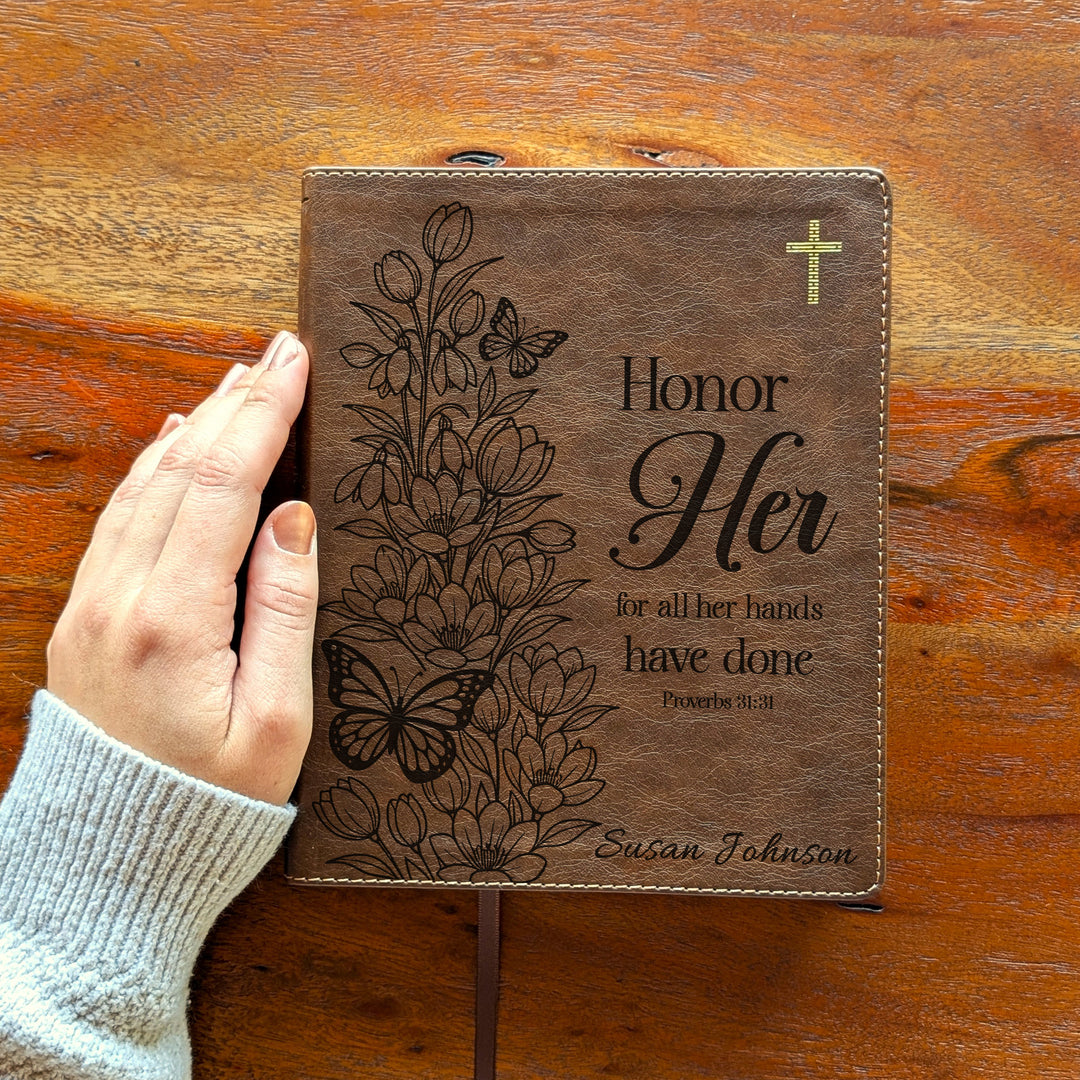 Personalized NIV Journal the Word Bible – Double Column Brown | Tulips Butterfly Honor Her