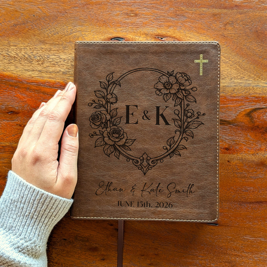 Personalized NIV Journal the Word Bible – Double Column Brown | Initials Floral Frame