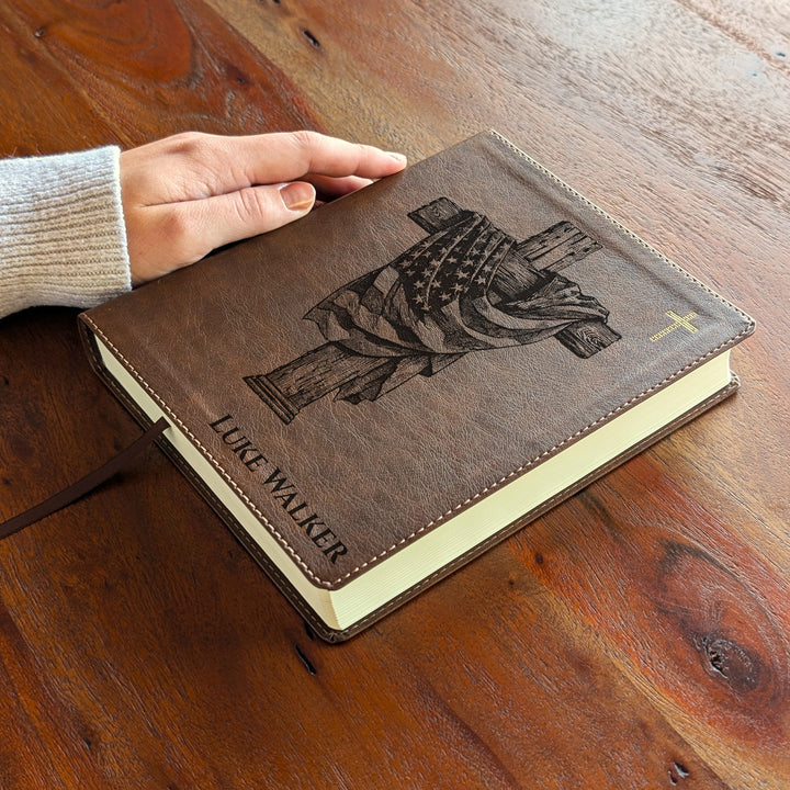 Personalized NIV Journal the Word Bible – Double Column Brown | American Flag Wood Cross