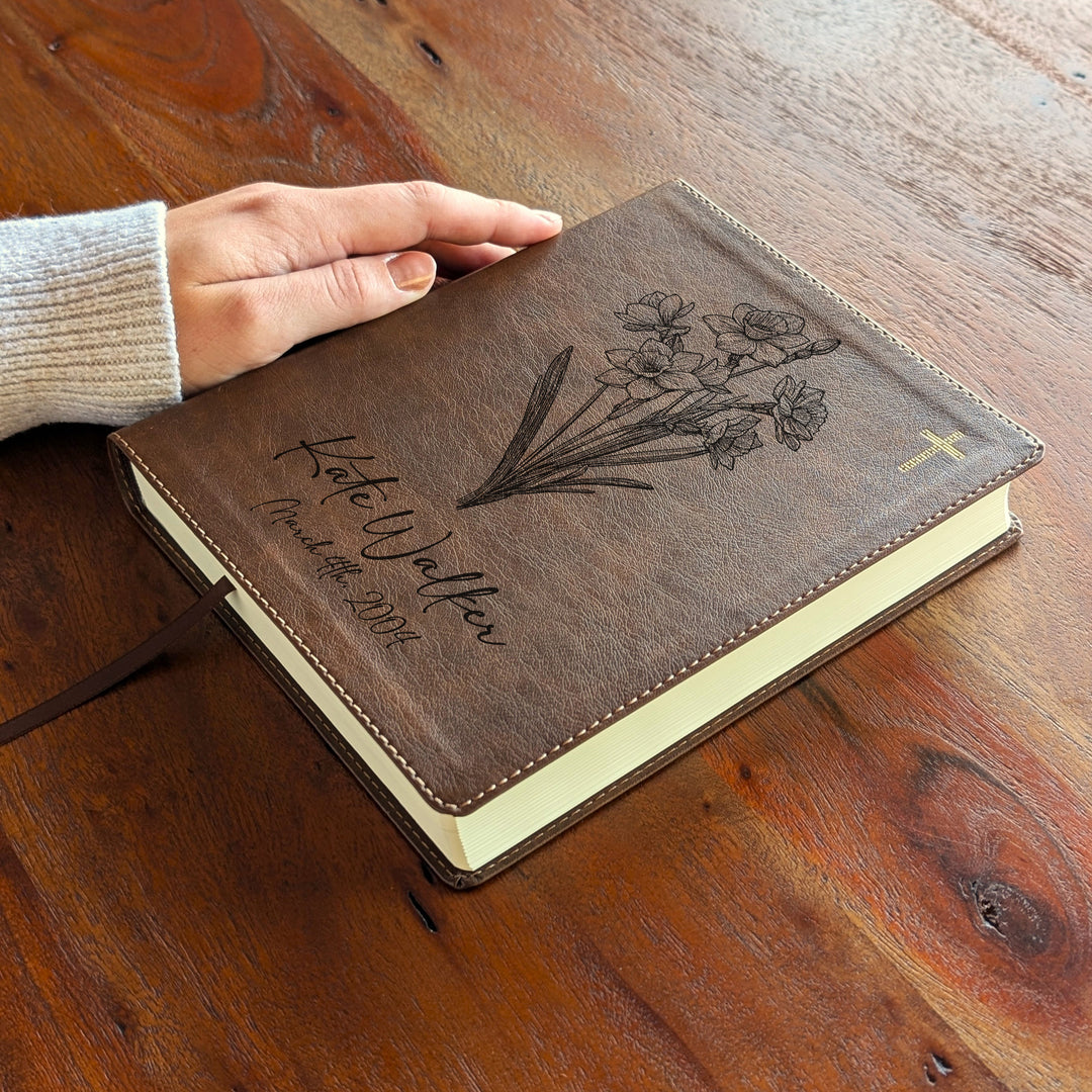 Personalized NIV Journal the Word Bible – Double Column Brown | March Birth Flower