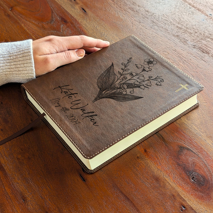 Personalized NIV Journal the Word Bible – Double Column Brown | May Birth Flower