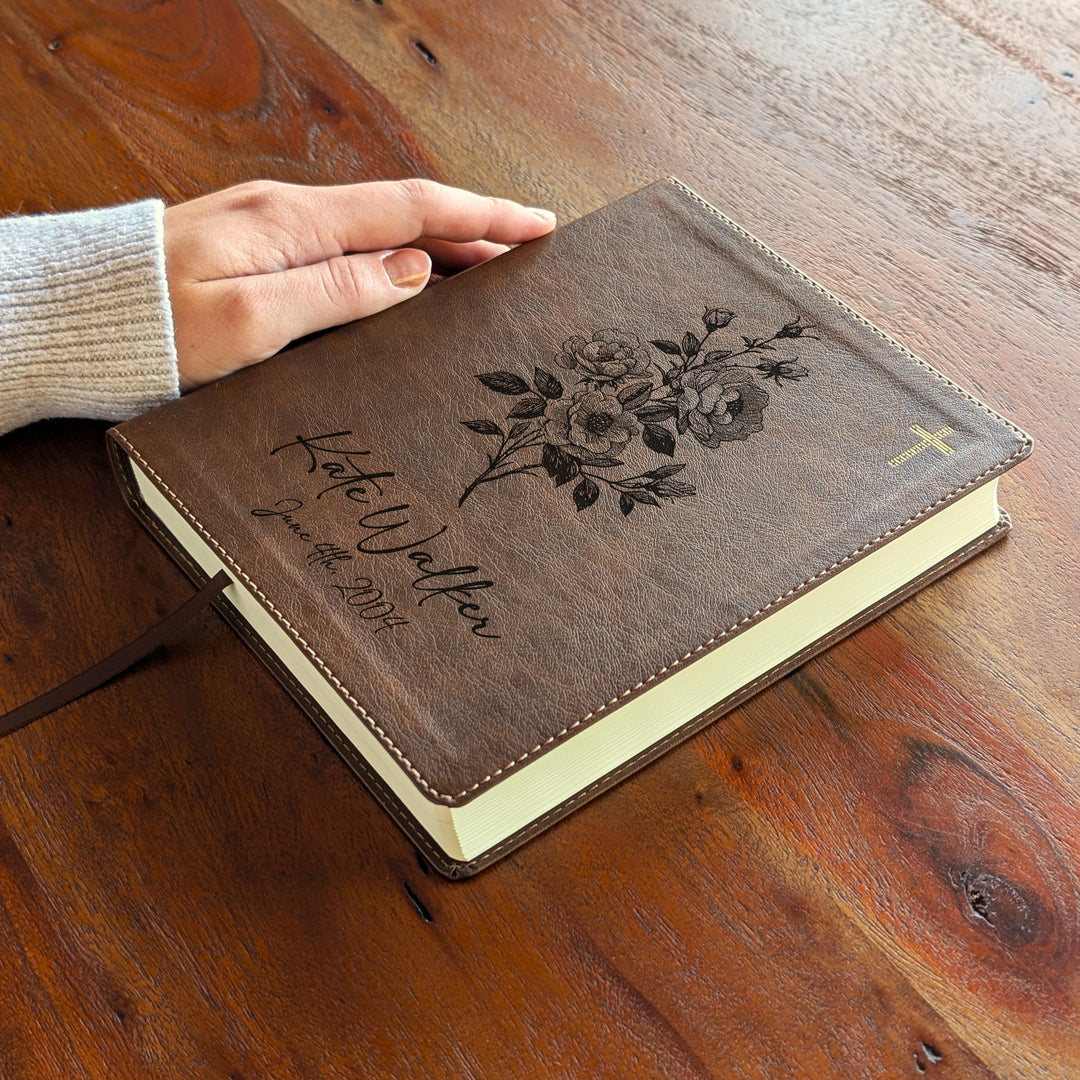 Personalized NIV Journal the Word Bible – Double Column Brown | June Birth Flower