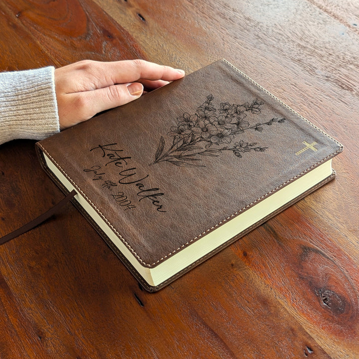 Personalized NIV Journal the Word Bible – Double Column Brown | July Birth Flower