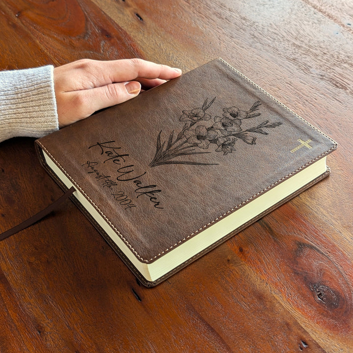 Personalized NIV Journal the Word Bible – Double Column Brown | August Birth Flower