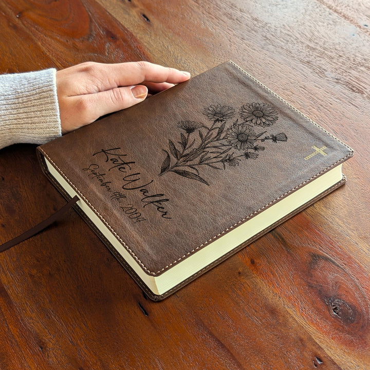 Personalized NIV Journal the Word Bible – Double Column Brown | September Birth Flower