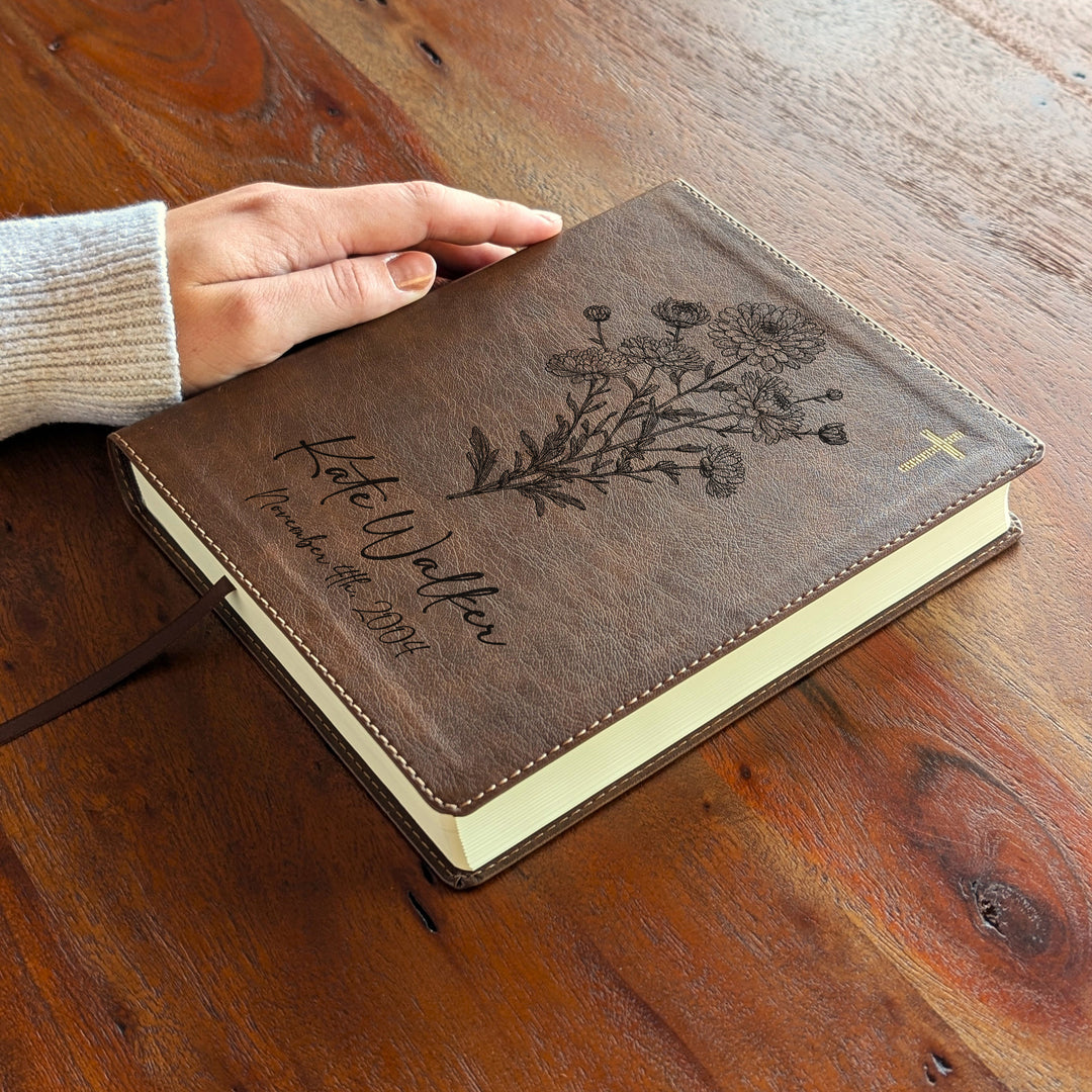 Personalized NIV Journal the Word Bible – Double Column Brown | November Birth Flower