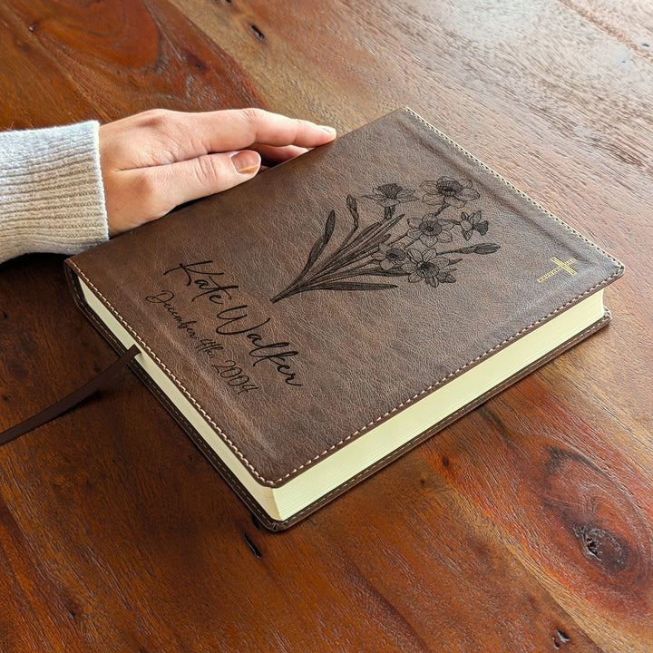 Personalized NIV Journal the Word Bible – Double Column Brown | December Birth Flower