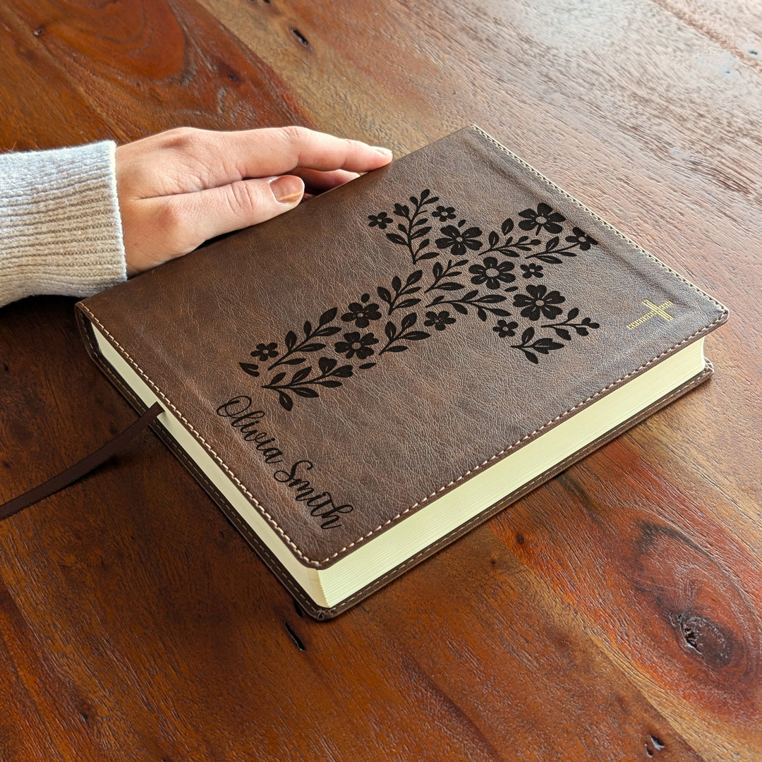 Personalized NIV Journal the Word Bible – Double Column Brown | Simple Flower Cross