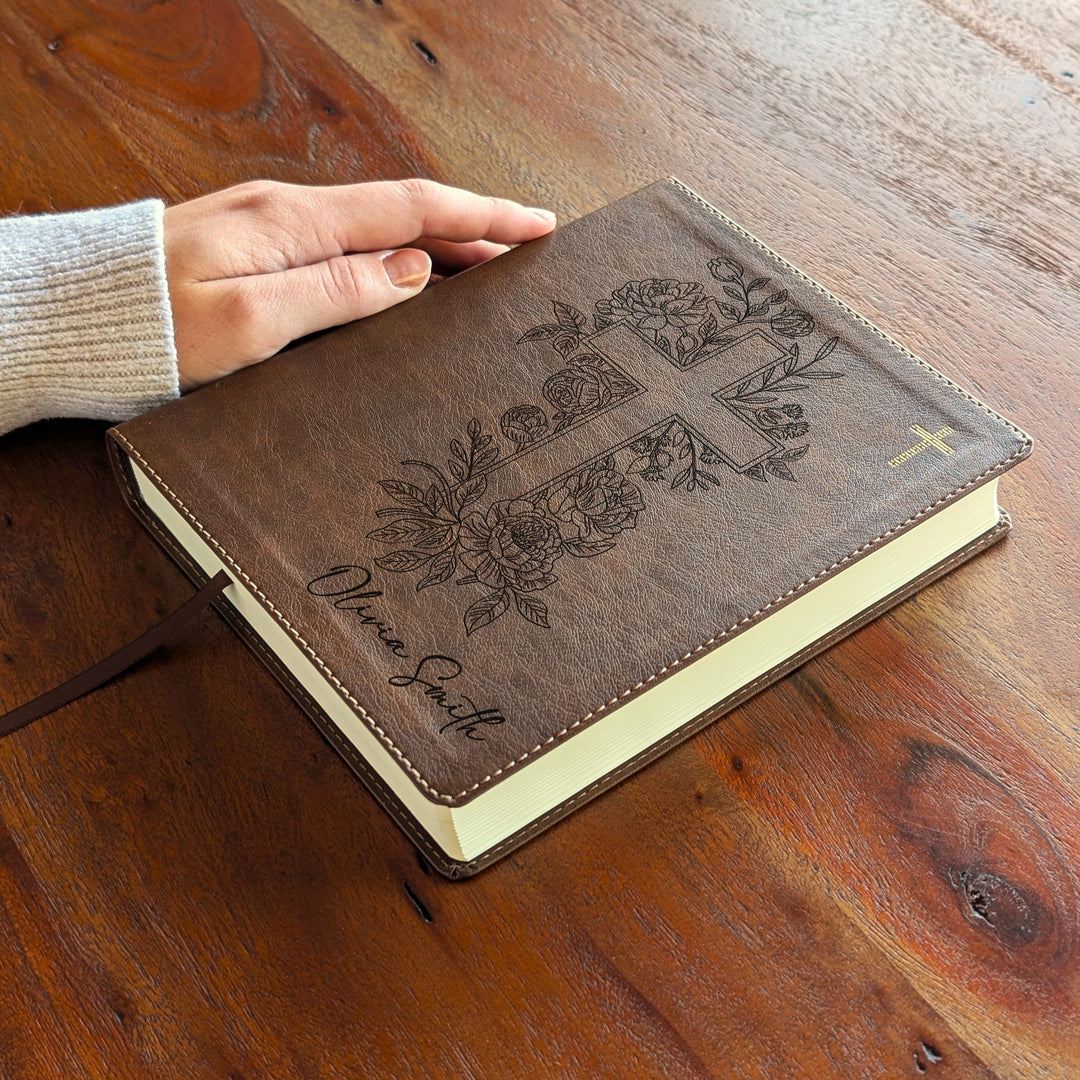 Personalized NIV Journal the Word Bible – Double Column Brown | Floral Cross
