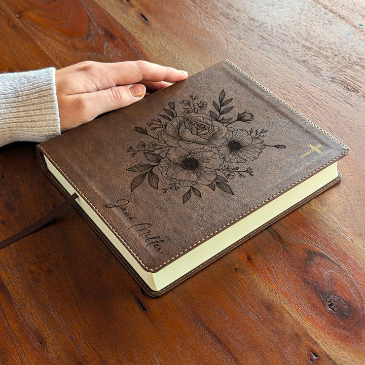 Personalized NIV Journal the Word Bible – Double Column Brown | Rose Poppy Flower Bunch