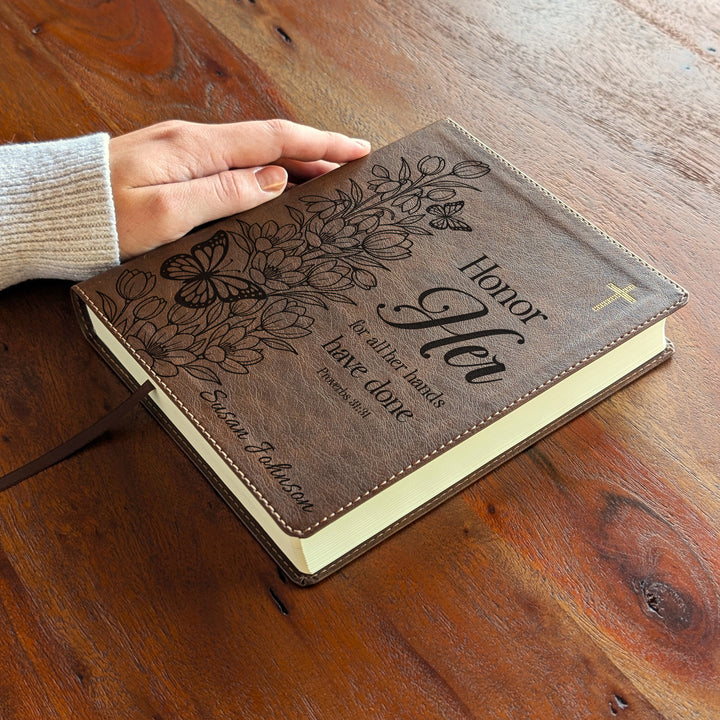 Personalized NIV Journal the Word Bible – Double Column Brown | Tulips Butterfly Honor Her