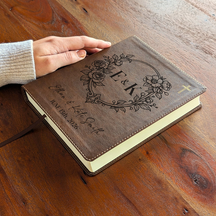 Personalized NIV Journal the Word Bible – Double Column Brown | Initials Floral Frame