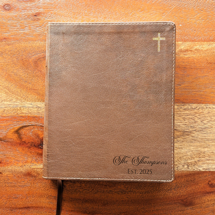 Personalized NIV Journal the Word Bible – Double Column Brown | Family Name Bottom Right