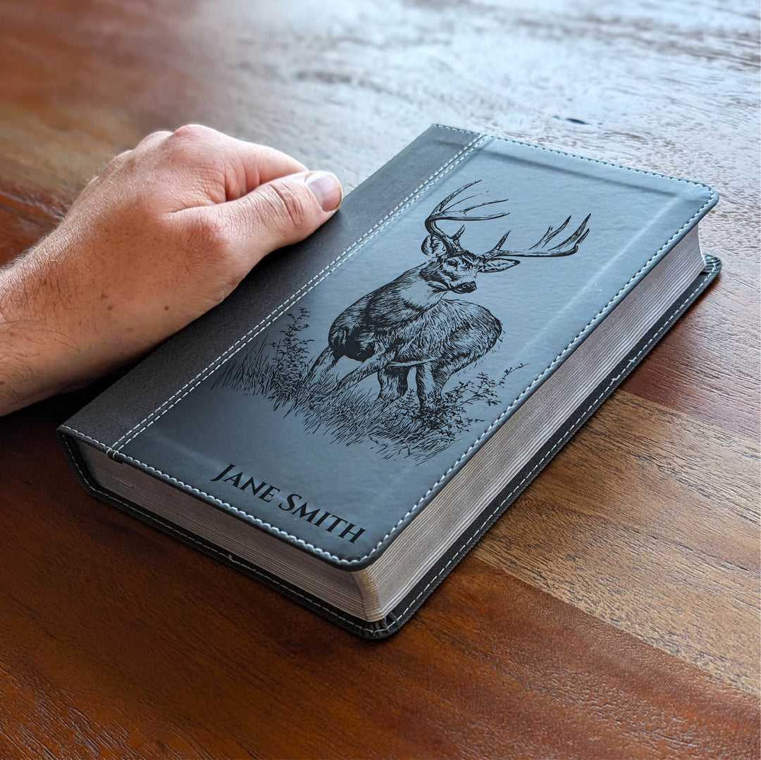 Personalized NIV Personal Size Bible – Large Print, Black | Stag in Grass