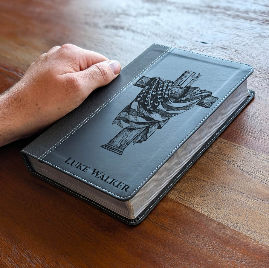 Personalized NIV Personal Size Bible – Large Print, Black | American Flag Wood Cross.