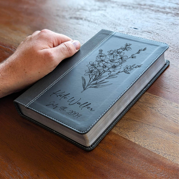 Personalized NIV Personal Size Bible – Large Print, Black | July Birth Flower