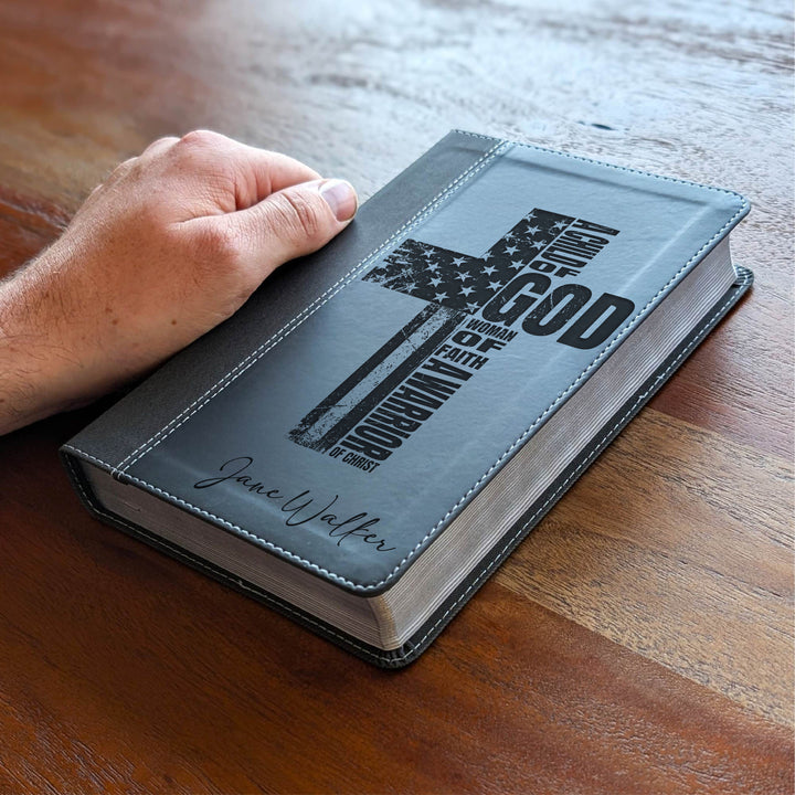 Personalized NIV Personal Size Bible – Large Print, Black | Patriotic Cross - Woman of Faith