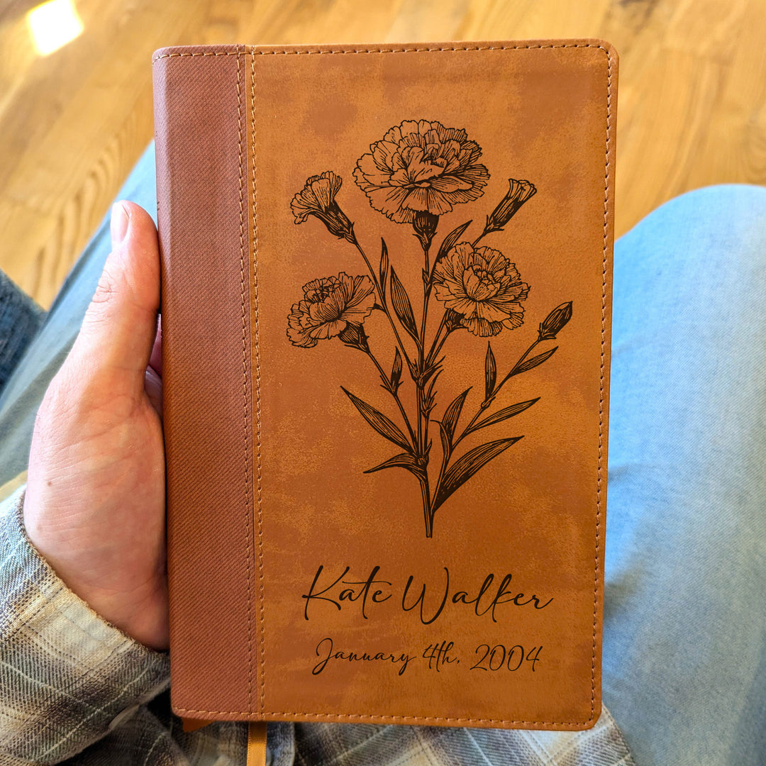 Personalized NIV Personal Size Bible – Large Print, Brown | January Birth Flower