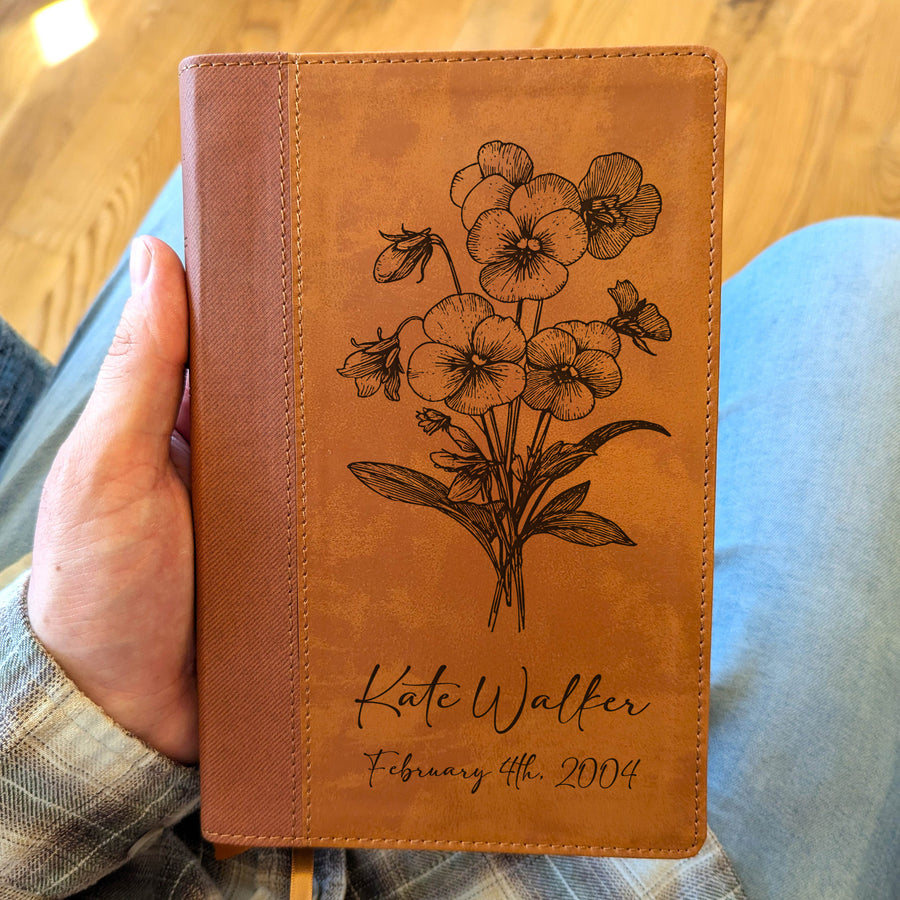Personalized NIV Personal Size Bible – Large Print, Brown | February Birth Flower.