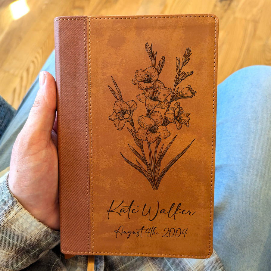 Personalized NIV Personal Size Bible – Large Print, Brown | August Birth Flower.