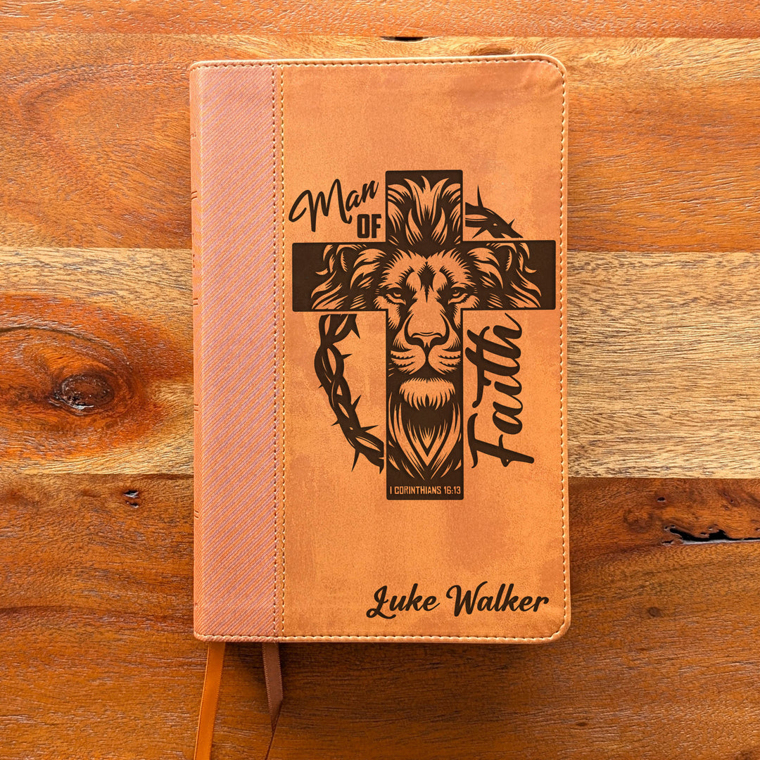 Biblia NVI tamaño personal personalizada – Letra grande, marrón | Hombre de fe