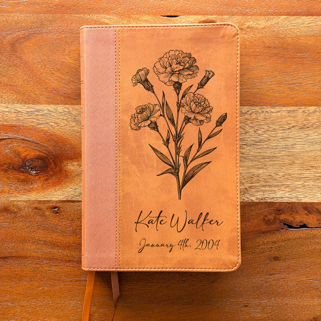 Personalized NIV Personal Size Bible – Large Print, Brown | January Birth Flower