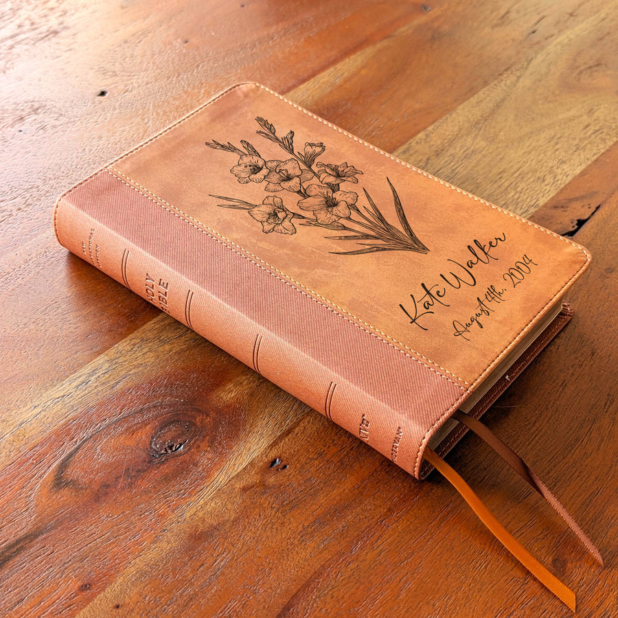 Personalized NIV Personal Size Bible – Large Print, Brown | August Birth Flower.
