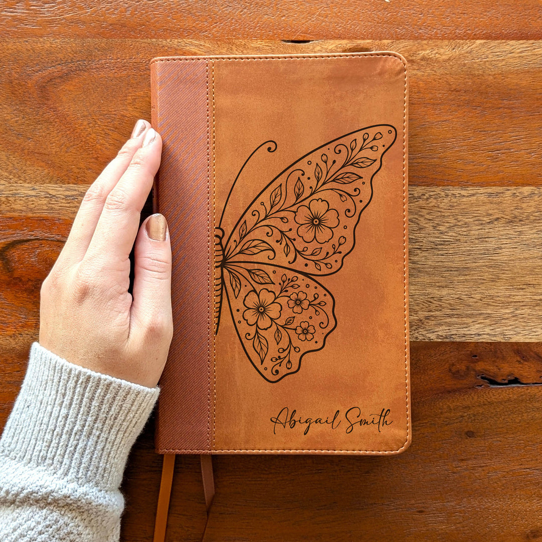 Personalized NIV Personal Size Bible – Large Print, Brown | Floral Butterfly