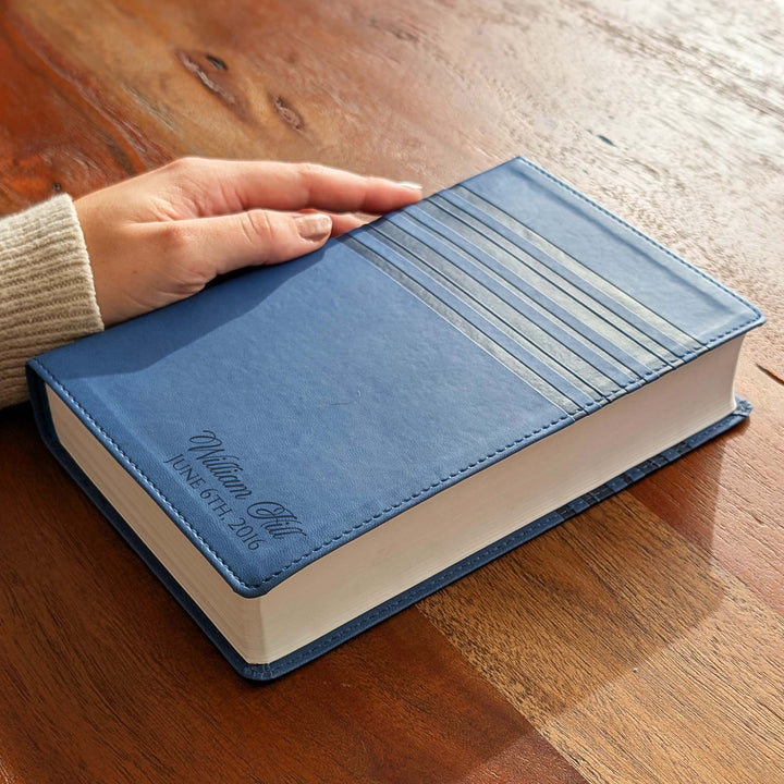 Personalized NIrV Large Print Bible – Blue, Stripes | Name &amp; Date
