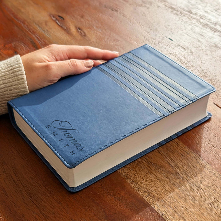 Personalized NIrV Large Print Bible – Blue, Stripes | Name Version 02