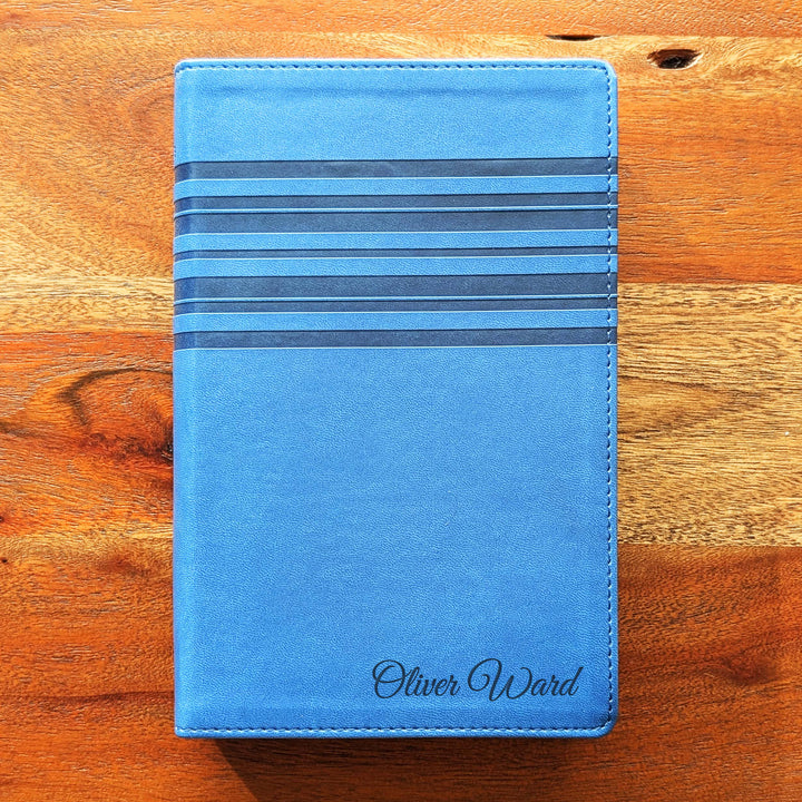 Personalized NIrV Large Print Bible – Blue, Stripes | Engraved Name