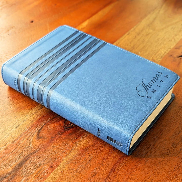 Personalized NIrV Large Print Bible – Blue, Stripes | Name Version 02