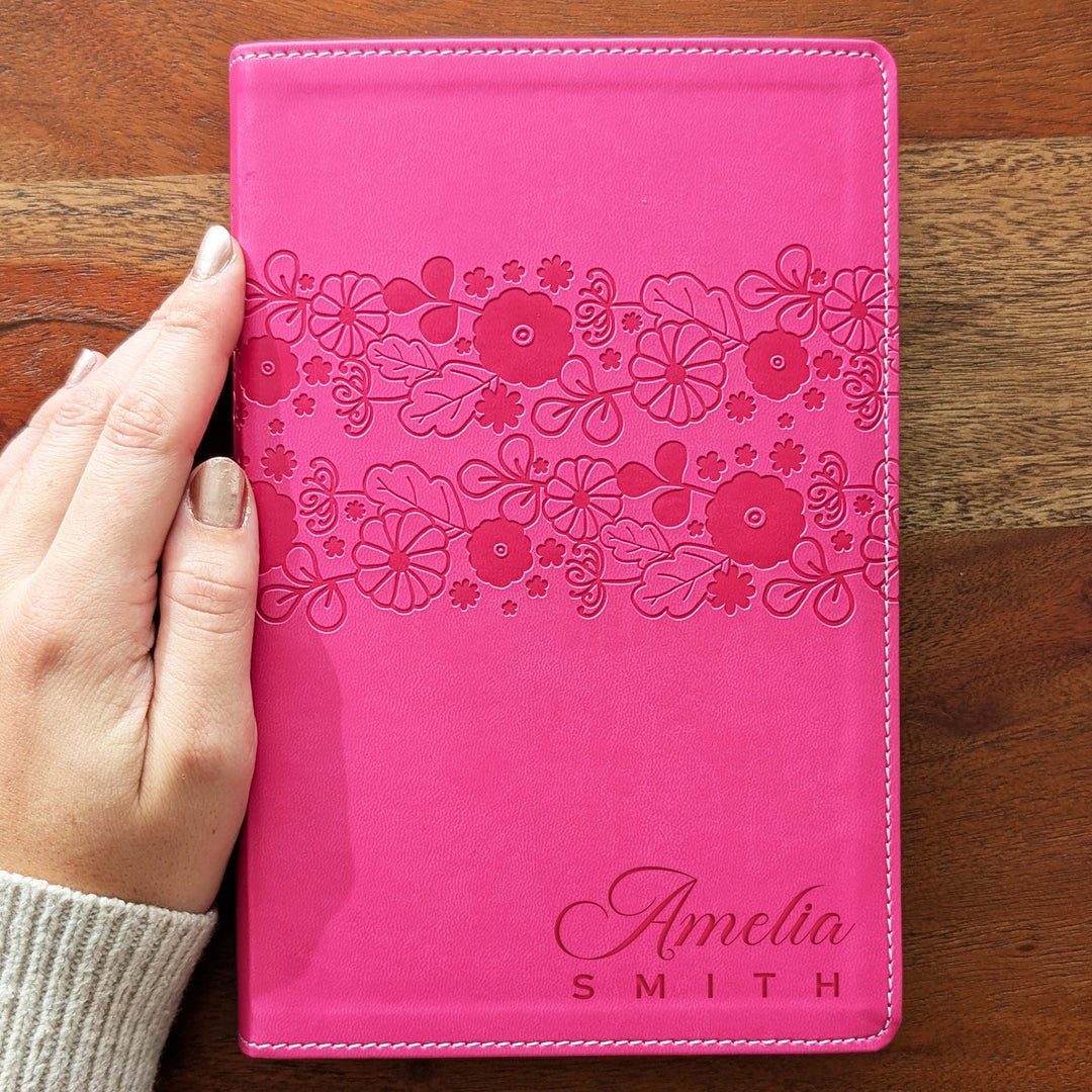 Personalized NIrV Large Print Bible – Pink, Floral | Name Version 02