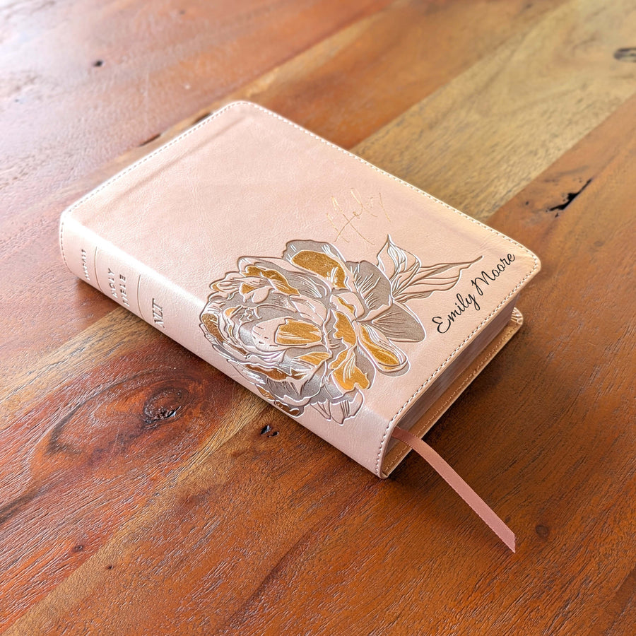 Personalized NLT Compact Bible - Rose Metallic, Peony | Engraved Name.