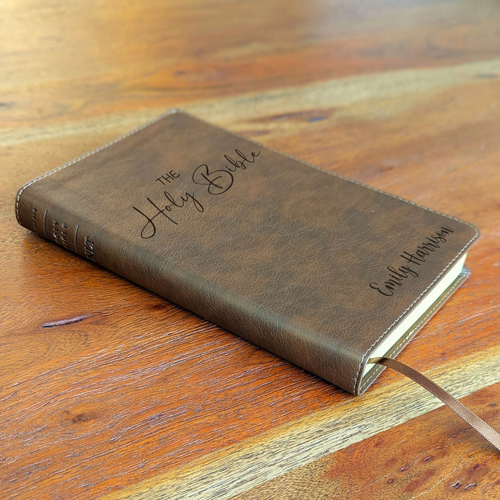 Personalized NLT Thinline Bible – Rustic Brown | Engraved Name