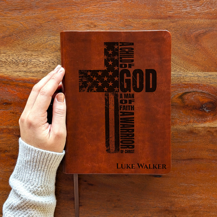 Personalized NLT Journaling Bible – Dark Brown | Patriotic Cross (Man of Faith)