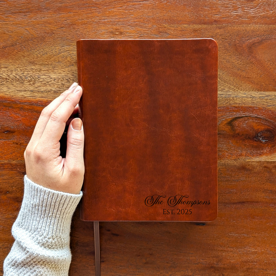 Personalized NLT Journaling Bible – Dark Brown | Family Name Bottom Right