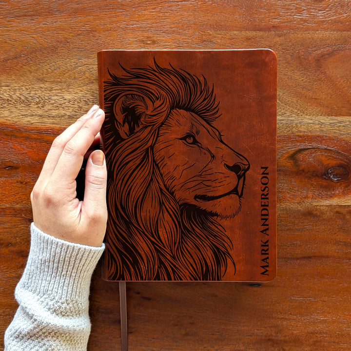 Personalized NLT Journaling Bible – Dark Brown | Lion Side Profile