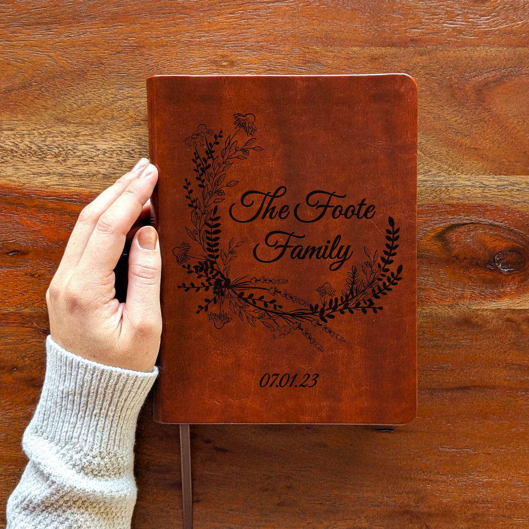 Personalized NLT Journaling Bible – Dark Brown | Wreath Family Name
