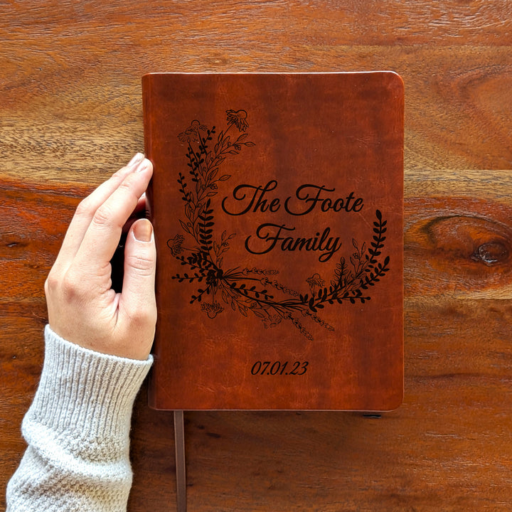 Personalized NLT Journaling Bible – Dark Brown | Wreath Family Name