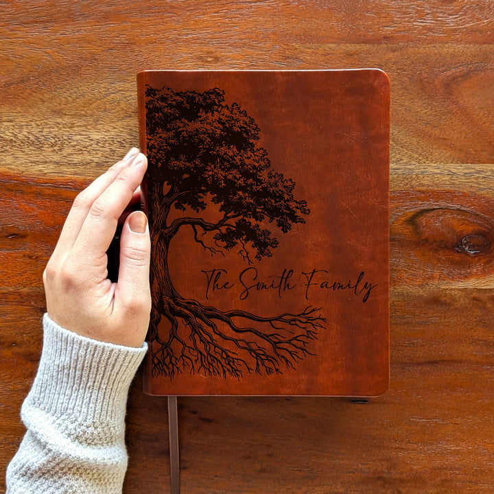 Personalized NLT Journaling Bible – Dark Brown | Oak Family Tree Side