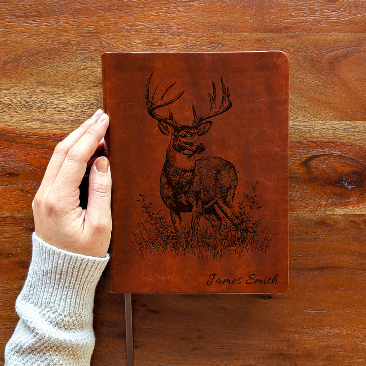 Personalized NLT Journaling Bible – Dark Brown | Stag in Grass